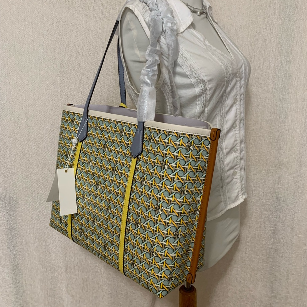 Tory Burch Perry Triple Compartment Northern Blue Basket Weave Large Tote Bag - Picture 5 of 15